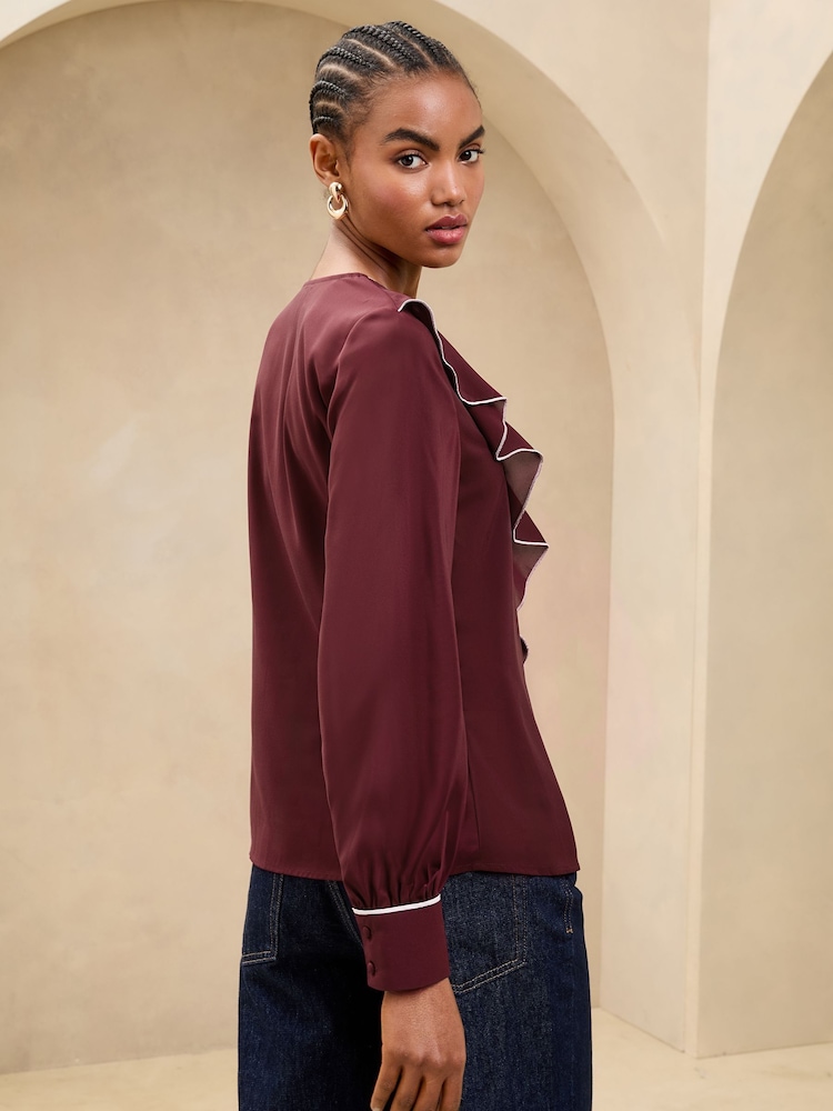 Lipsy Burgundy Red Tipped V-Neck Ruffle Long Sleeve Blouse - Image 4 of 4