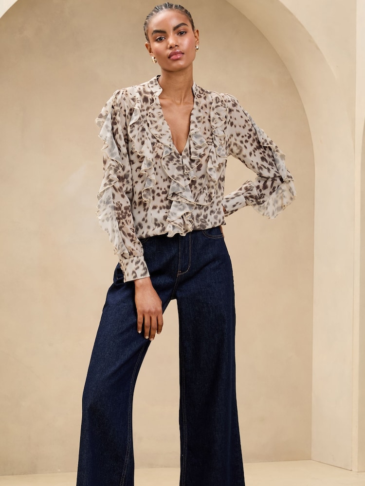 Lipsy Brown Leopard Print Ruffle Animal Long Sleeve Blouse - Image 1 of 4