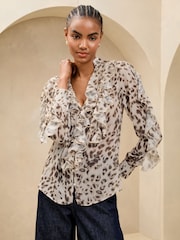 Lipsy Brown Leopard Print Ruffle Animal Long Sleeve Blouse - Image 2 of 4