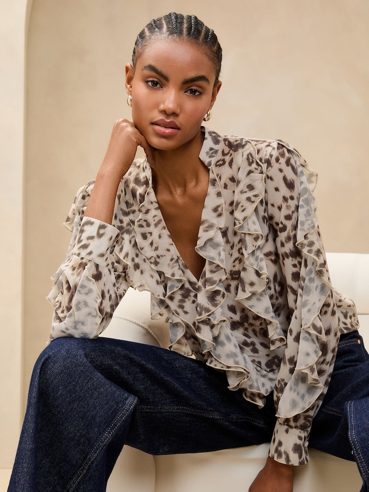 Buy Lipsy Brown Leopard Print Ruffle Animal Long Sleeve Blouse