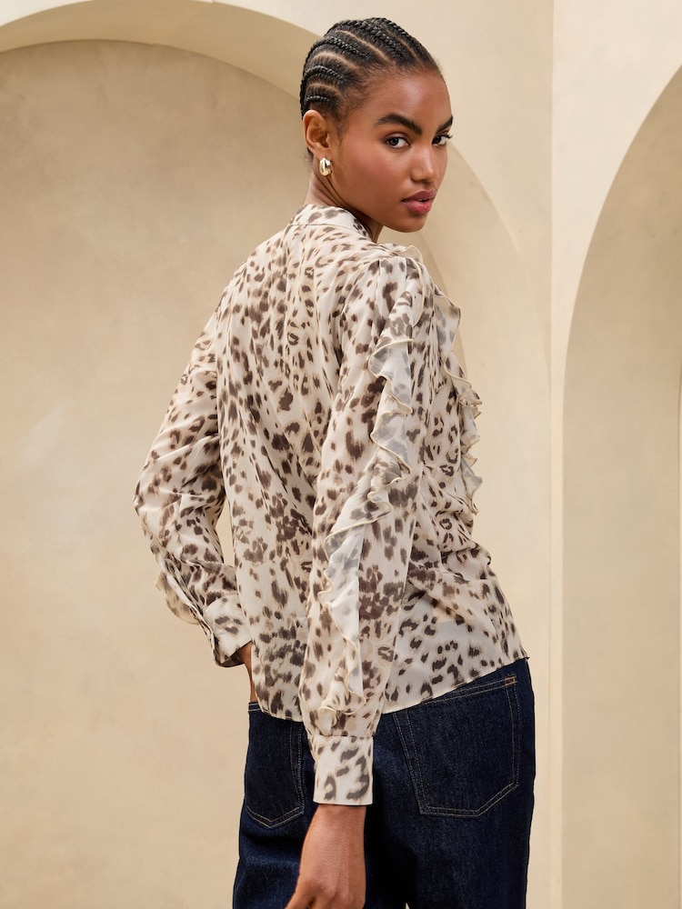 Lipsy Brown Leopard Print Ruffle Animal Long Sleeve Blouse - Image 4 of 4