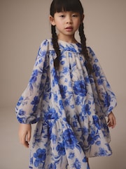 Blue Floral Long Sleeve Chiffon Dress (3-16yrs) - Image 1 of 7