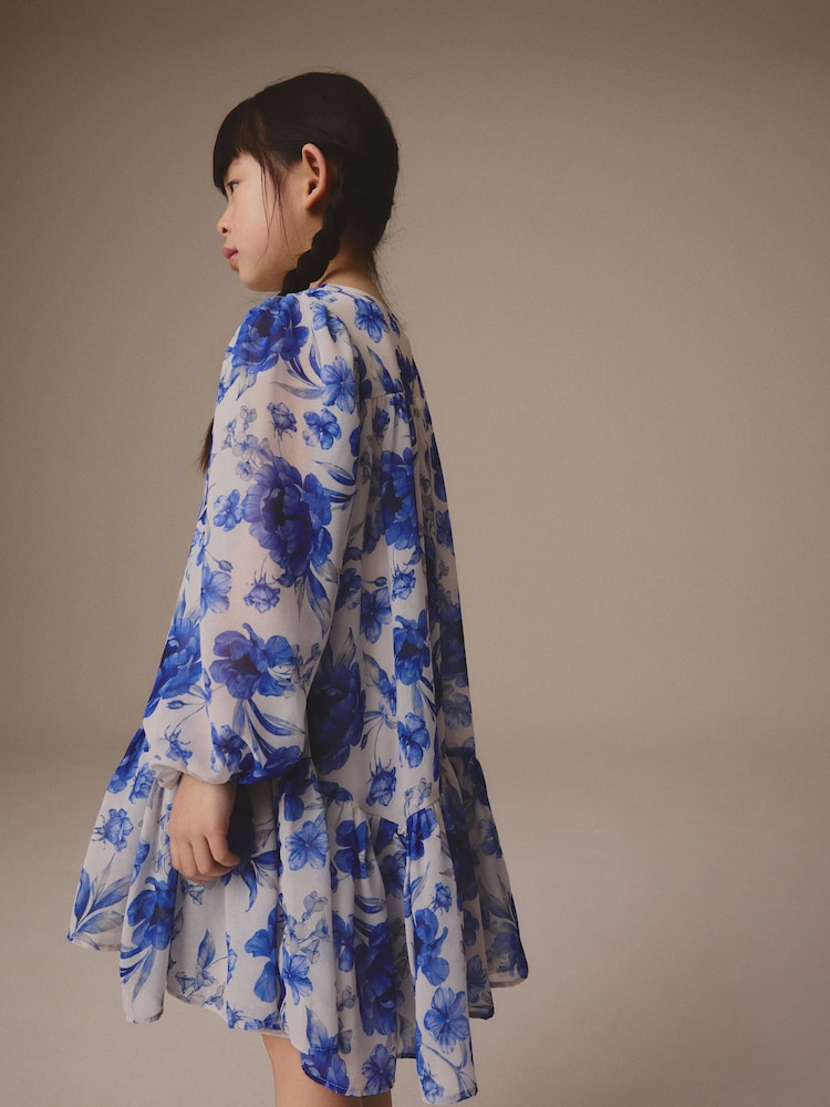 Blue Floral Long Sleeve Chiffon Dress (3-16yrs) - Image 2 of 7