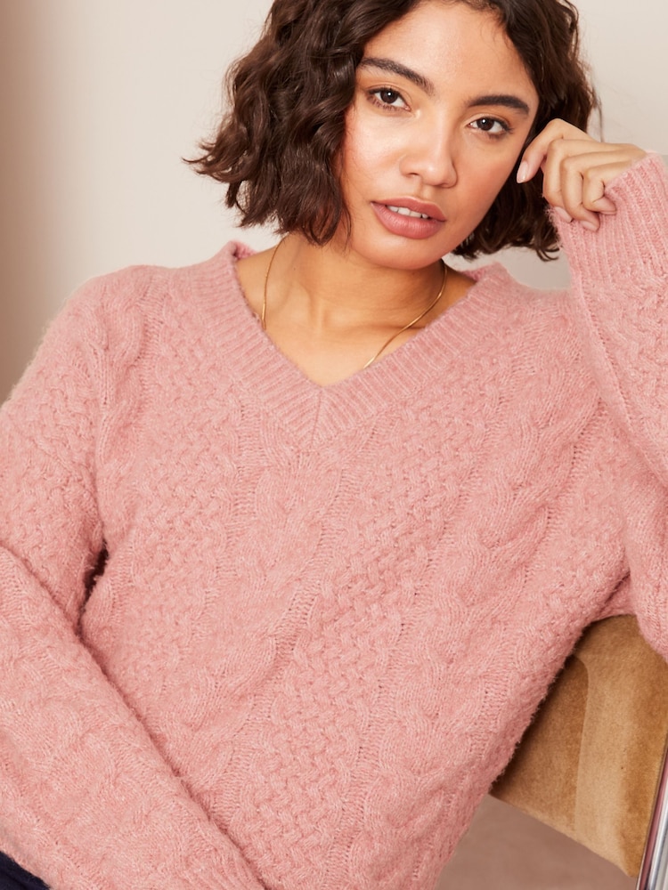 Friends Like These Pink V-Neck Cable Knit Jumper - Image 1 of 4