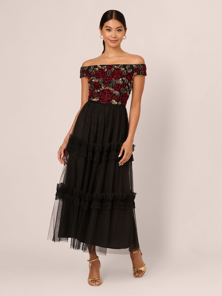 Adrianna Papell Velvet Tulle Party Black Dress - Image 1 of 7 Adrianna Papell Velvet Tulle Party Black Dress - Image 1 of 7