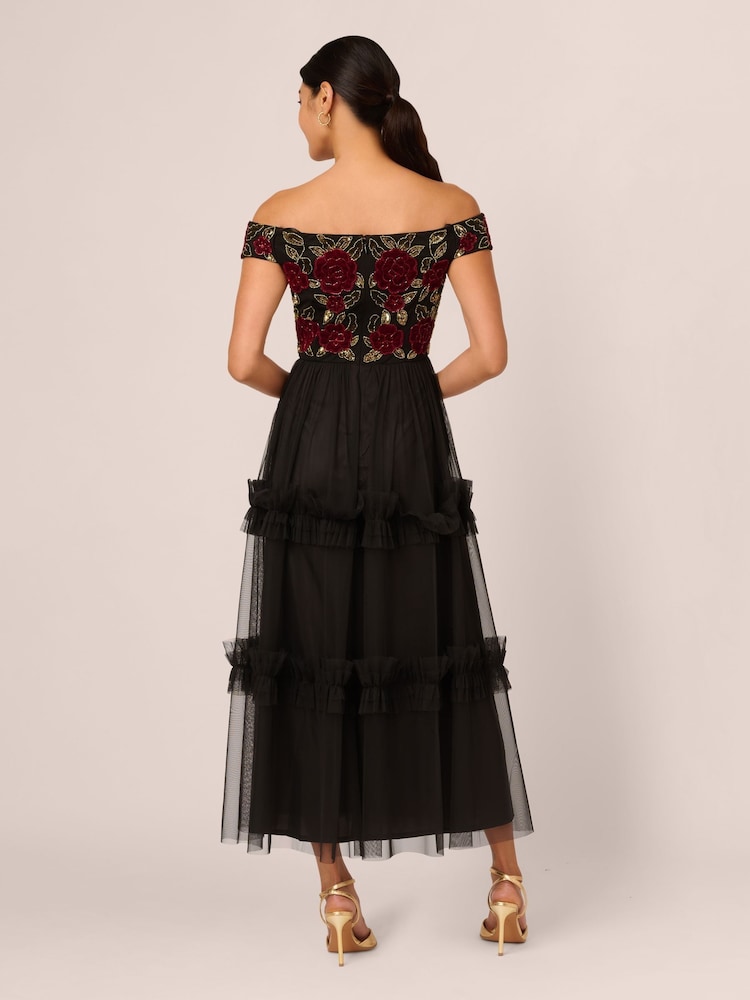 Adrianna Papell Velvet Tulle Party Black Dress - Image 2 of 7 Adrianna Papell Velvet Tulle Party Black Dress - Image 2 of 7