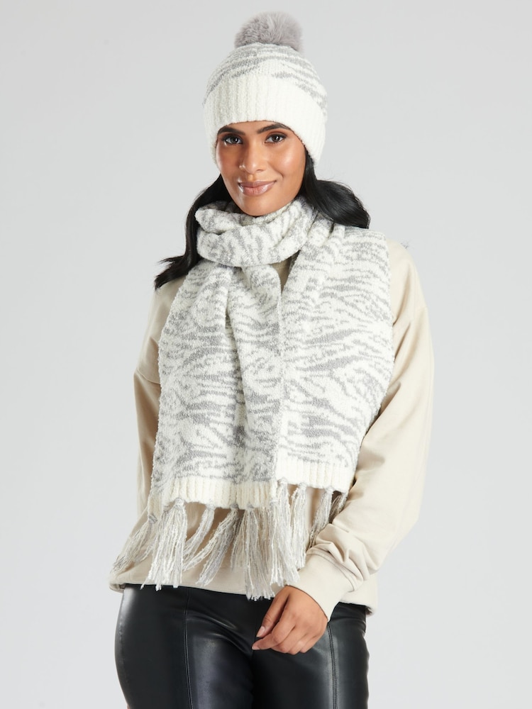 South Beach Grey Leopard Print Knitted Scarf And Hat Set - Image 1 of 4