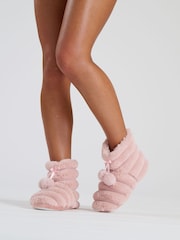 Loungeable Pink Textured Faux Fur Bootie With Poms - Image 1 of 3