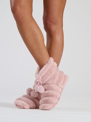 Loungeable Pink Textured Faux Fur Bootie With Poms - Image 2 of 3