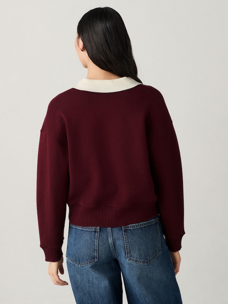 Burgundy Red/Ecru Soft Touch Cosy Collared Button Down Polo Sweatshirt - Image 2 of 6 Burgundy Red/Ecru Soft Touch Cosy Collared Button Down Polo Sweatshirt - Image 2 of 6