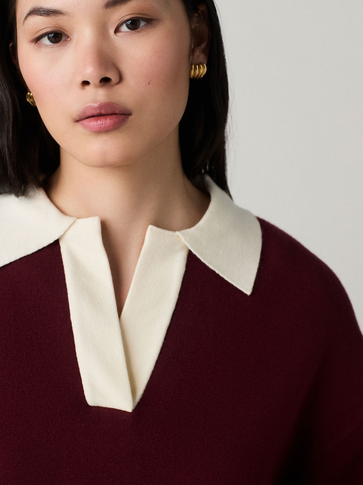 Burgundy Red/Ecru Soft Touch Cosy Collared Button Down Polo Sweatshirt - Image 4 of 6