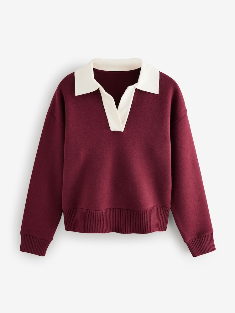 Burgundy Red/Ecru Soft Touch Cosy Collared Button Down Polo Sweatshirt - Image 5 of 6