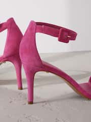 Pink Suede Signature Premium Leather Round Toe Buckle Detail Mid Simple Sandals - Image 11 of 11