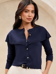 Lipsy Navy Blue Front Frill Cape Fine Gauge Knit Cardigan - Image 1 of 4