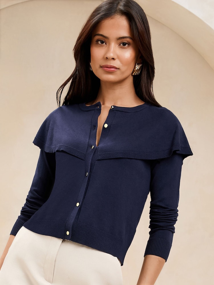 Lipsy Navy Blue Front Frill Cape Fine Gauge Knit Cardigan - Image 2 of 4