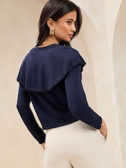 Lipsy Navy Blue Front Frill Cape Fine Gauge Knit Cardigan - Image 4 of 4