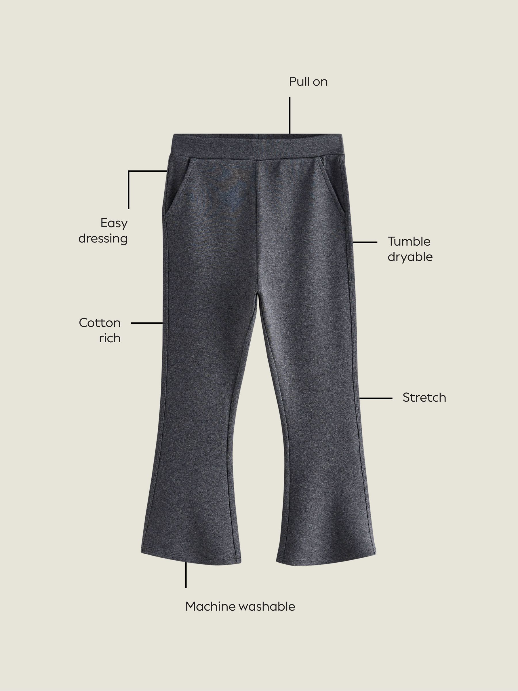 Buy Grey Pull-On Cotton Rich Stretch Flared School Trousers (3