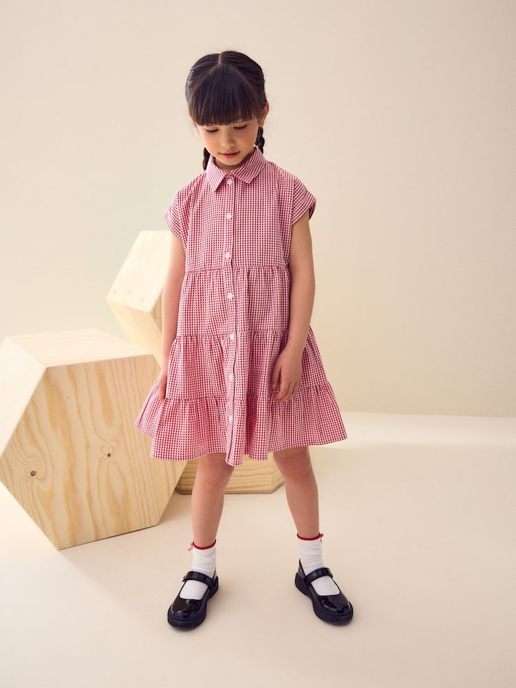 Rojo - Cotton Rich School Gingham Tiered Shirt Collar Dress (3-14yrs) - Imagen 1 de 4