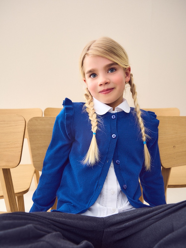 Blue Cotton Rich Frill Shoulder School Cardigan (3-16yrs) - Image 1 of 7