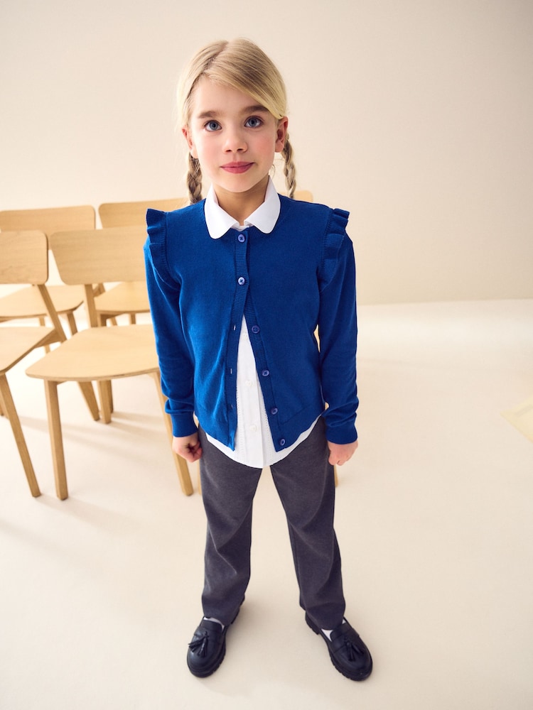 Blue Cotton Rich Frill Shoulder School Cardigan (3-16yrs) - Image 2 of 7 Blue Cotton Rich Frill Shoulder School Cardigan (3-16yrs) - Image 2 of 7