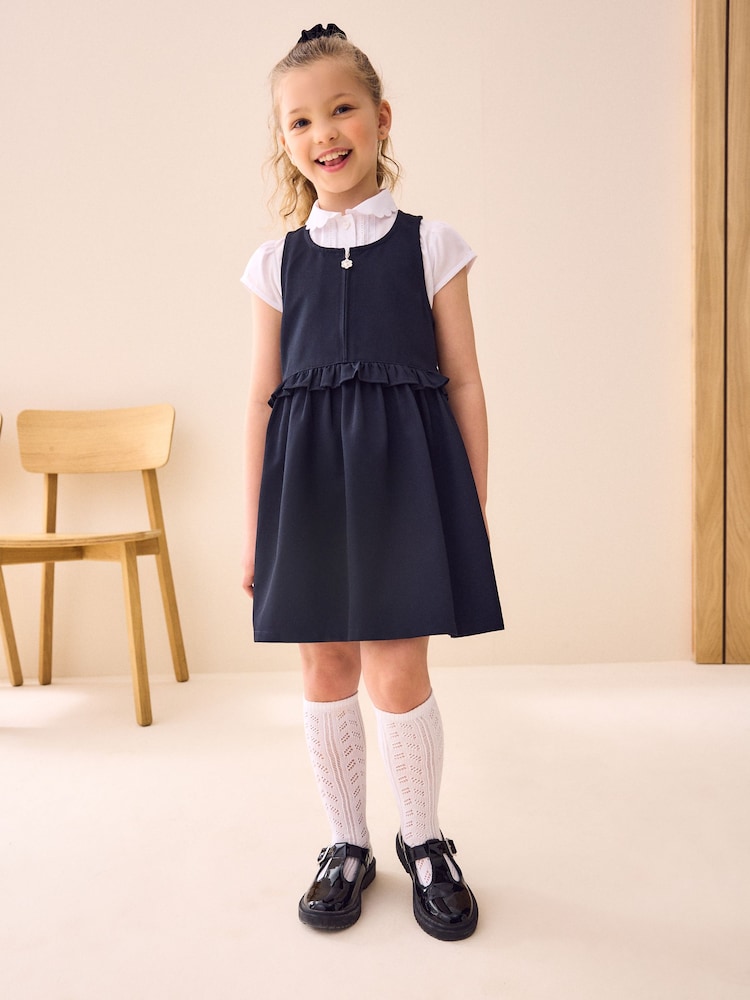 Navy Blue Zip Front Frill Waist School Pinafore Dress (3-14yrs) - Image 1 of 3