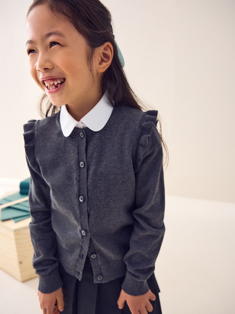 Grey Cotton Rich Frill Shoulder School Cardigan (3-16yrs) - Image 1 of 9