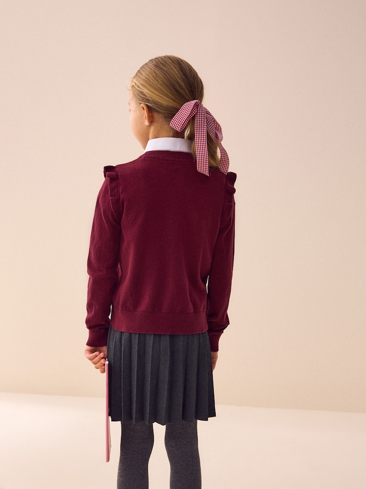 Rouge bordeaux - Cardigan d'école à épaules volantées en coton riche (3-16ans) - Image 3 of 8