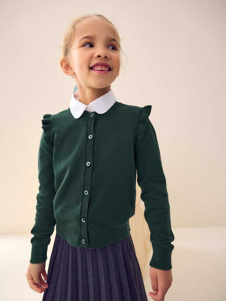 Green Cotton Rich Frill Shoulder School Cardigan (3-16yrs) - Image 1 of 7