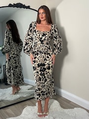 Girl In Mind Natural Leopard Mina Sweetheart Ruched Detail Midi Dress - Image 1 of 4