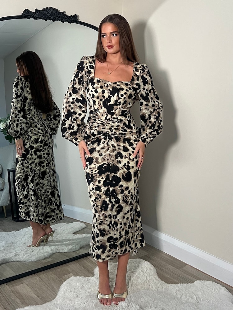 Girl In Mind Natural Leopard Mina Sweetheart Ruched Detail Midi Dress - Image 1 of 4