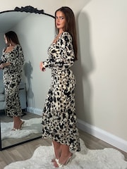 Girl In Mind Natural Leopard Mina Sweetheart Ruched Detail Midi Dress - Image 2 of 4