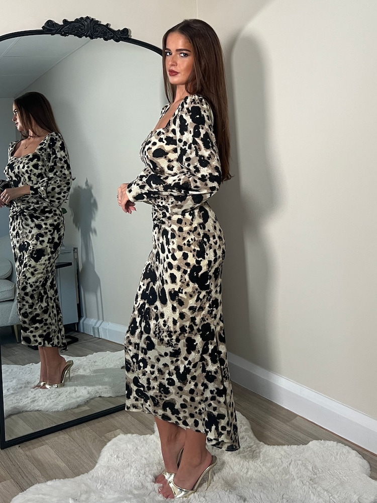 Girl In Mind Natural Leopard Mina Sweetheart Ruched Detail Midi Dress - Image 2 of 4