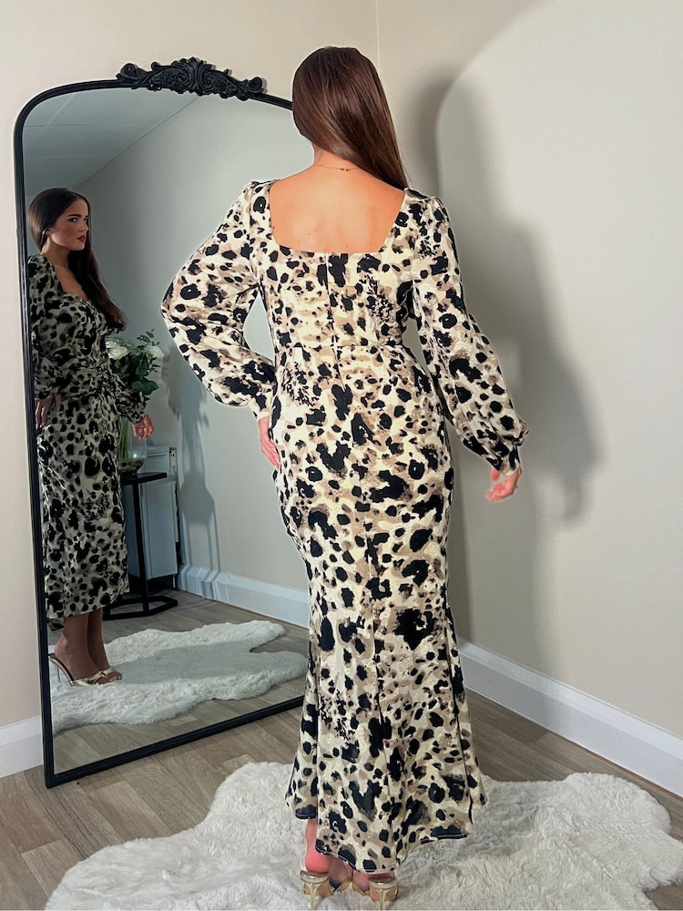 Girl In Mind Natural Leopard Mina Sweetheart Ruched Detail Midi Dress - Image 4 of 4