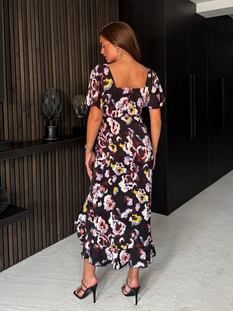 Floral negru estompat - Girl In Mind Heidi Ruched Midi Rochie - Image 3 of 5