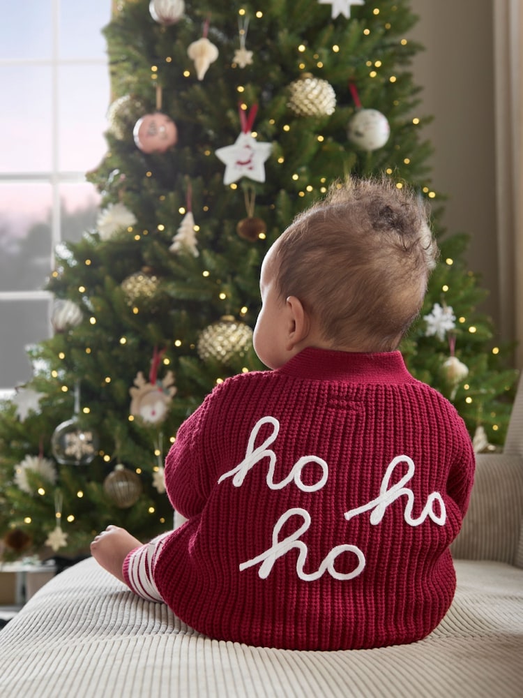 Mamas & Papas Red Ho Ho Ho Christmas 100% Cotton Cardigan and Leggings Set 2 Piece - Image 2 of 6