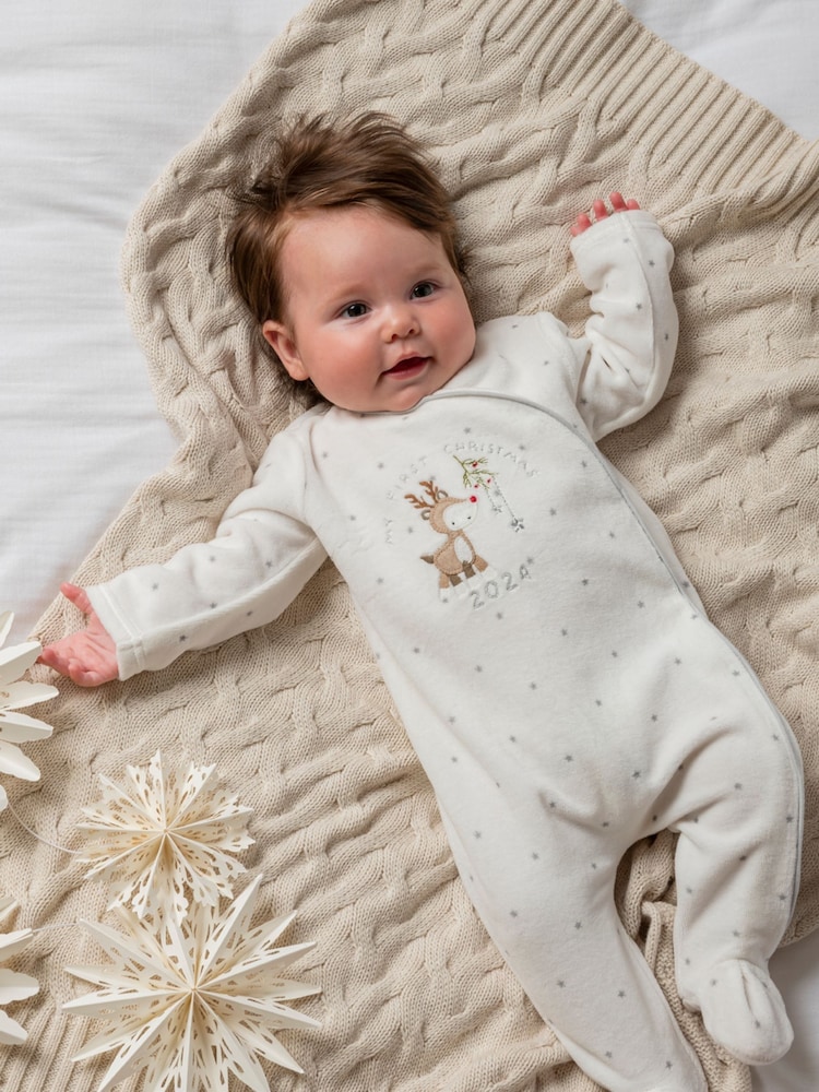 Mamas & Papas My First Christmas Velour White Sleepsuit - Image 2 of 4 Mamas & Papas My First Christmas Velour White Sleepsuit - Image 2 of 4