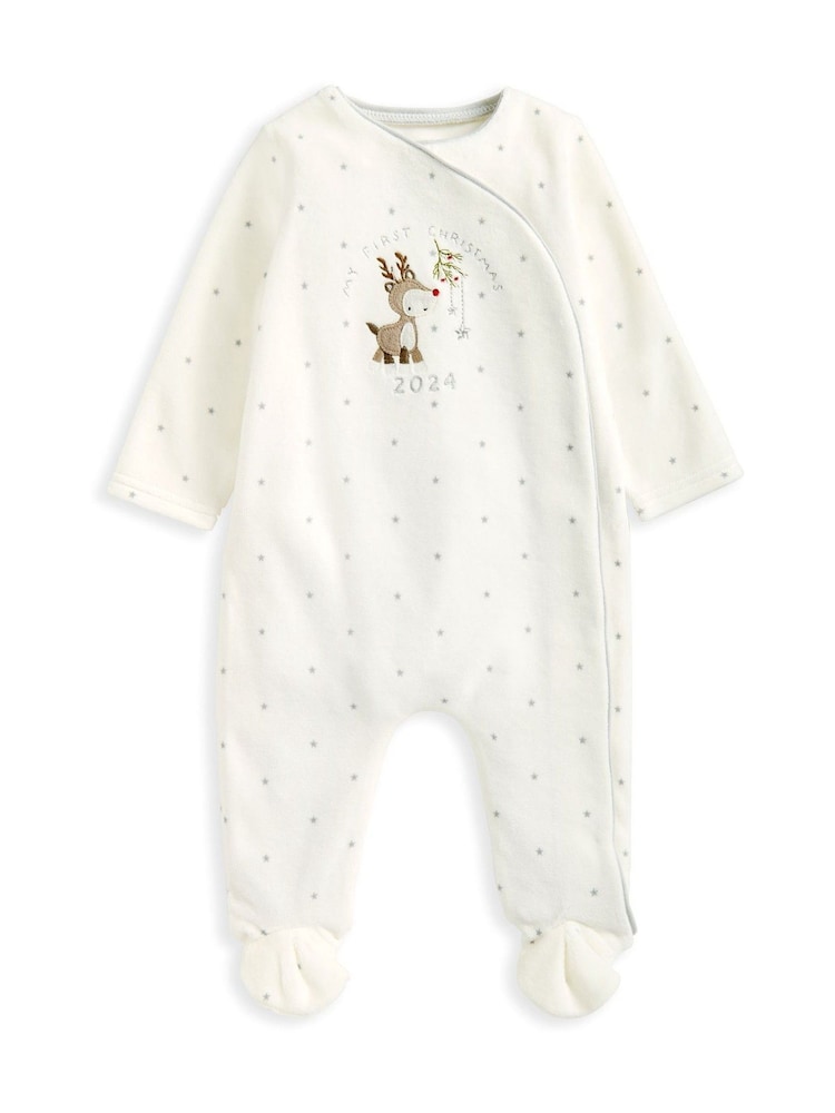 Mamas & Papas My First Christmas Velour White Sleepsuit - Image 4 of 4