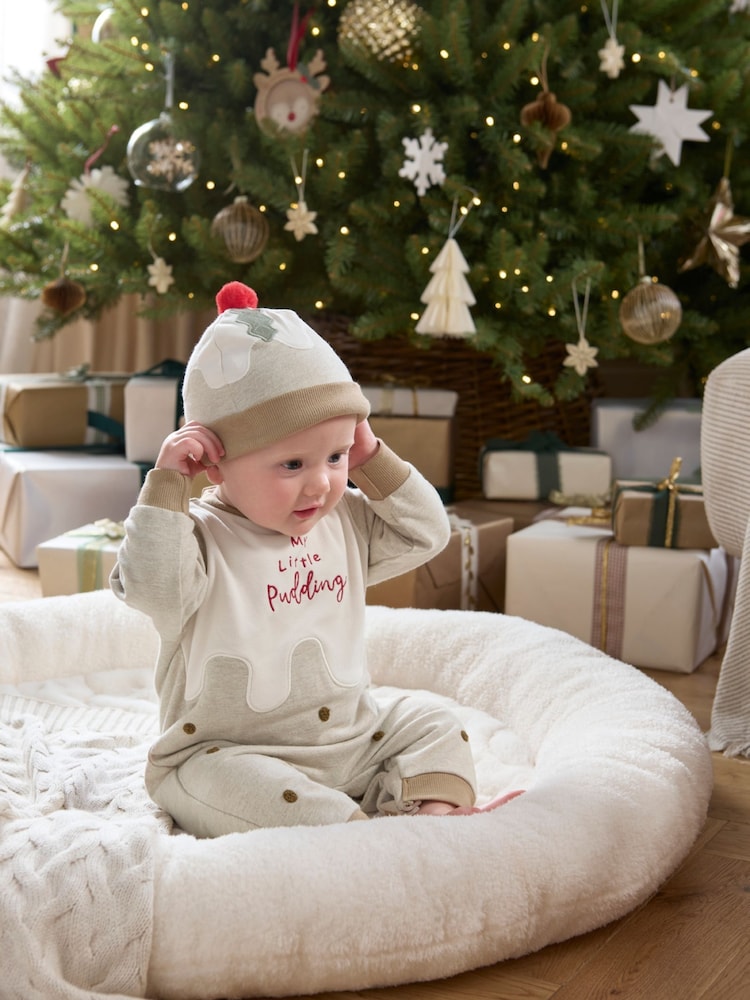 Mamas & Papas Little Pudding ChrIstmas Brown Romper and Hat Set - Image 1 of 5