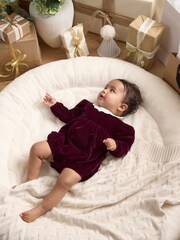 Mamas & Papas Red Velour Woven Collar Romper - Image 1 of 3