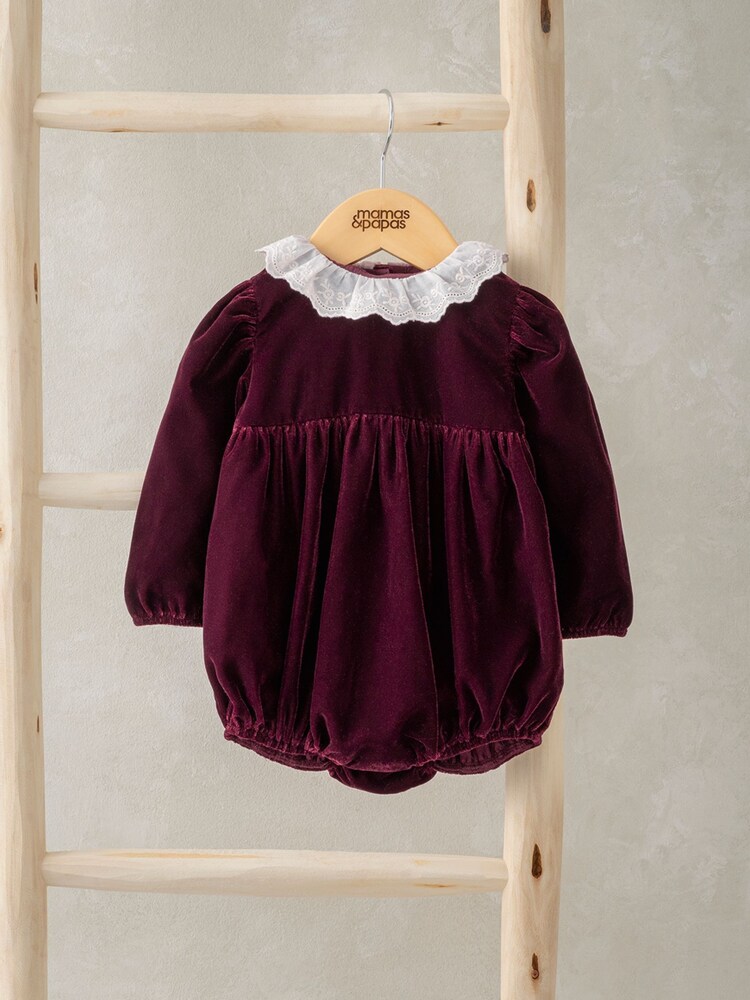 Mamas & Papas Red Velour Woven Collar Romper - Image 2 of 3