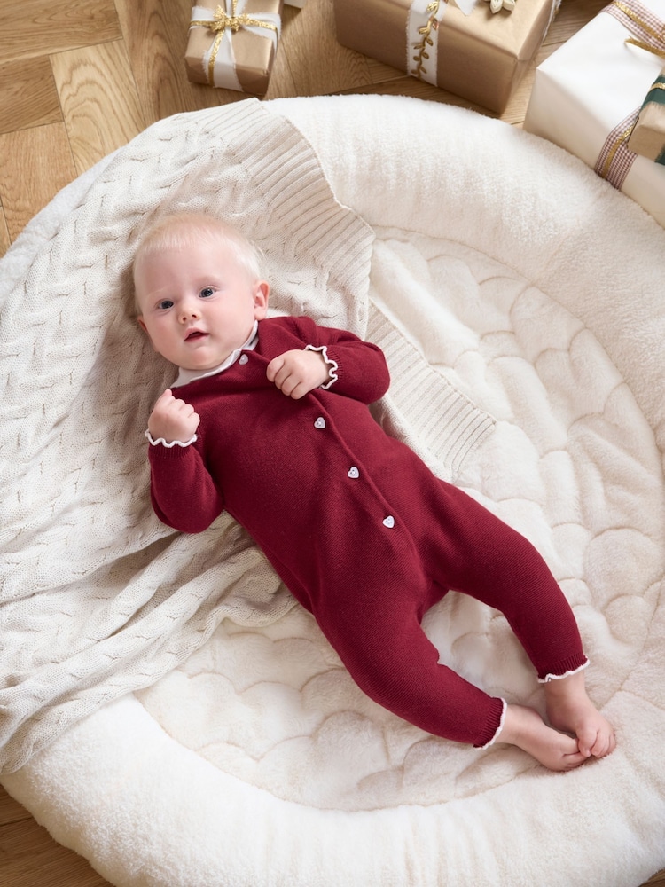 Mamas & Papas Mrs Santa Red Knit Christmas 100% Cotton Romper - Image 1 of 5
