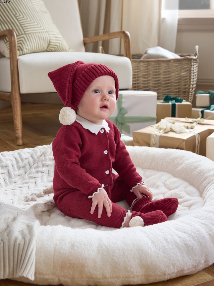 Mamas & Papas Mrs Santa Red Knit Christmas 100% Cotton Romper - Image 2 of 5