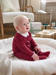 Mamas & Papas Mrs Santa Red Knit Christmas 100% Cotton Romper - Image 3 of 5