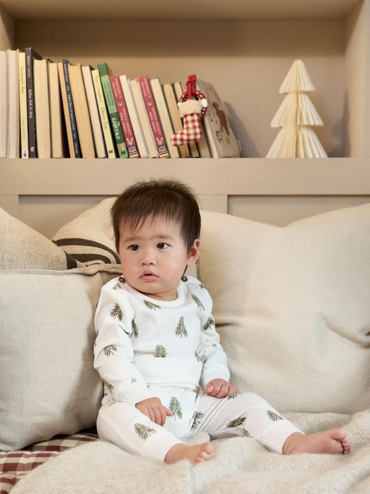 Mamas & Papas Christmas Tree Print White Bodysuit and Leggings Set 2 Piece - Image 1 of 6