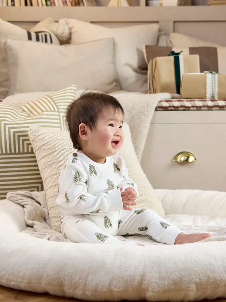 Mamas & Papas Christmas Tree Print White Bodysuit and Leggings Set 2 Piece - Image 2 of 6