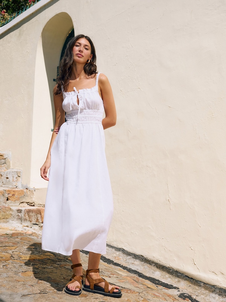 White 100% Linen Midi Dress - Image 1 of 8