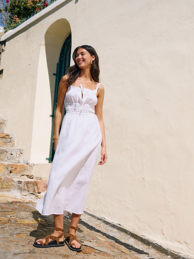 White 100% Linen Midi Dress - Image 2 of 8