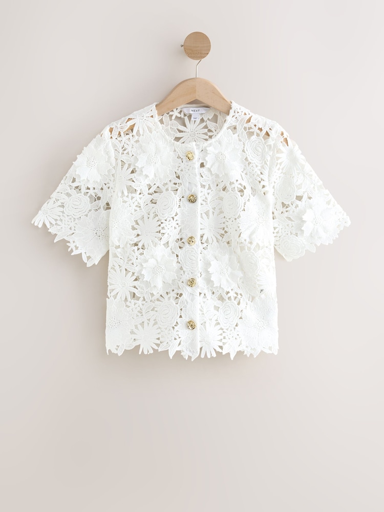 Blanco - Top de manga corta de encaje floral - Imagen 1 de 3 Blanco - Top de manga corta de encaje floral - Imagen 1 de 3
