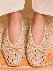 Love & Roses Gold Woven Crochet Faux Leather Ballerina Pump Shoes - Image 1 of 5