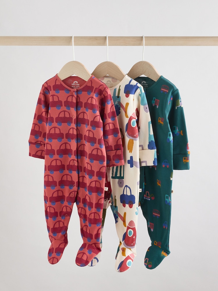 Multi 100% Cotton Popper Baby Sleepsuit 3 Pack - Image 1 of 12